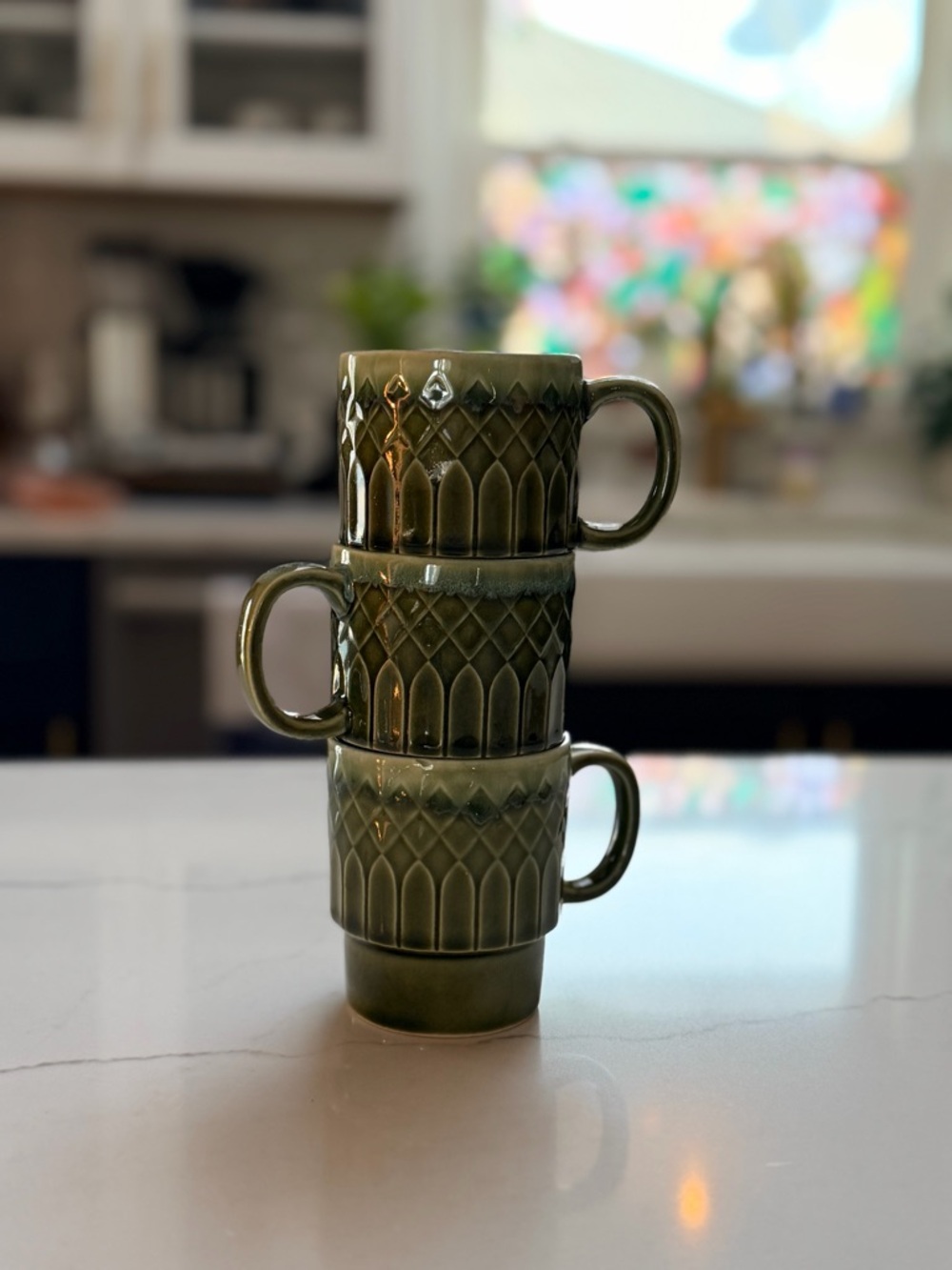 Vintage Green Ceramic Stackable Mugs - Set of 3